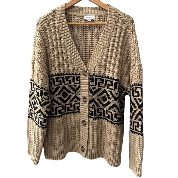 Evereve Amalie Tan Black Geometric Knit Button Up Cardigan Sweater Size Large - Picture 2 of 9